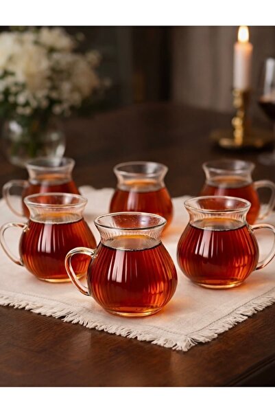 ZÜRİH COLLECTİON 6 Parça Keyfi Ala Kulplu Çizgili Tombul Çay Bardağı Borosili...
