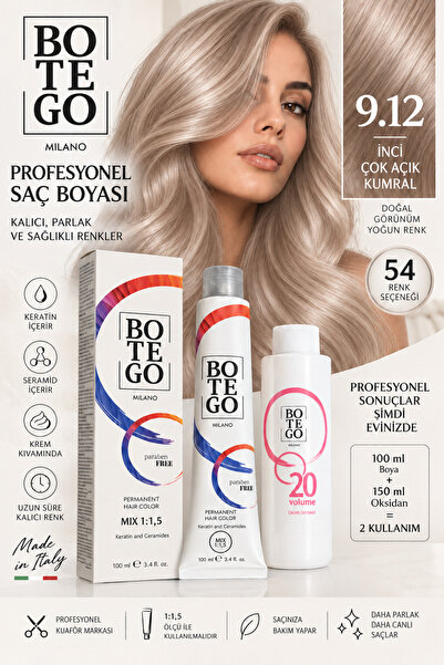 botegohair 9.12 İnci Çok Açık Kumral Profesyonel Krem Saç Boyası Seti