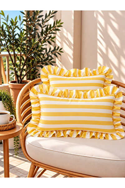 Decamor home Roza Striped Ruffled Throw Pillow Cover Yellow