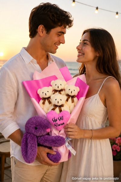 Pandamkee Sevgiliye Özel Romantik Peluş Ayıcık Buketi ve Yanında Sevimli Tavş...