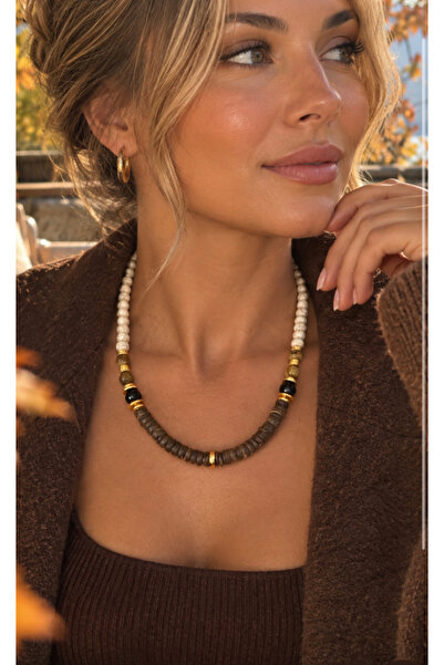 TARZ-I TAKI Natural Stone Coffee & Cream Coral Wood Bead Detail Design Necklace
