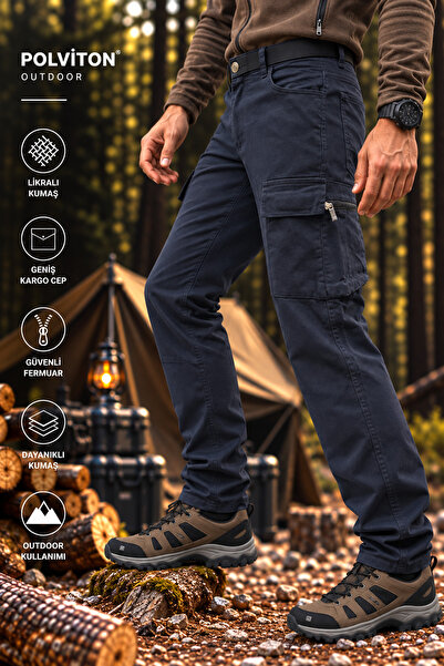 Polviton Navy Blue Men's Cargo Pants Combat Slim Fit Men's Trousers
