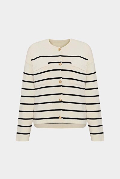 Açelya Okcu Premium Crew Neck Pocket Detailed Striped Women's Knitwear Cardigan