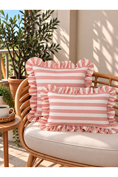 Decamor home Roza Pink Striped Ruffled Throw Pillow Cover 1 Piece