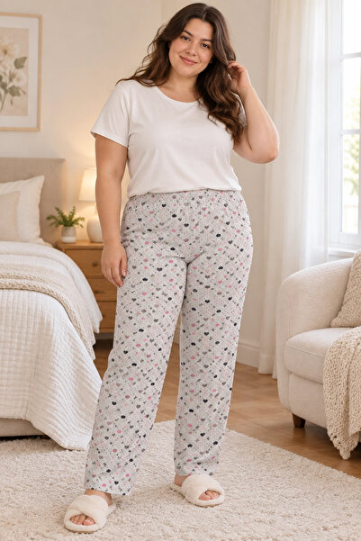 Erdenay Tekstil Plus Size Patterned Combed Cotton Women's Pajama Bottoms