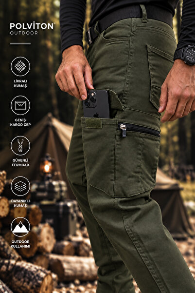 Polviton Erkek Kargo Pantolon Taktikal Combat Slim Fit Haki Yeşil Likralı Esnek