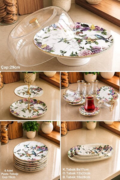 Pinkev Flora 24 Parça Seramik Fanuslu Pasta Çay Bardaklı Kahvaltı Sunum Tabağ...