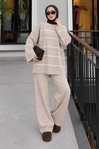 Tesettür Dünyası Striped Knitwear Set Tsd220905 Beige