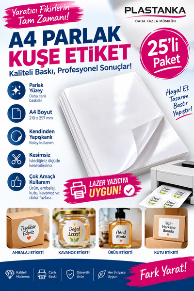 PLASTANKA A4 Parlak Kuşe Kendinden Yapışkanlı Etiket Kağıdı 25’li Paket