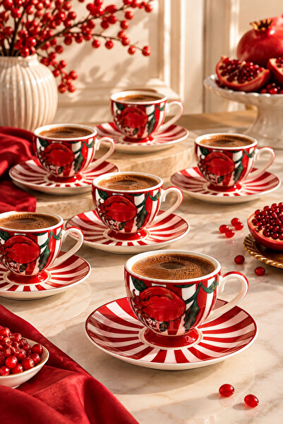 YzHome Acar 6-Person Luxury Porcelain Red Pomegranate Patterned Coffee Cup Se...