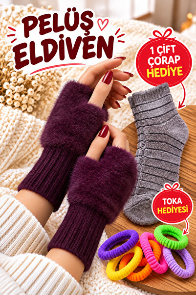 Hitit Socks Kadın 1 Çift Kışlık Parmaksız Termal Esnek Polarlı Peluş Eldiven