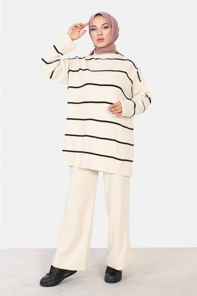 Tesettür Dünyası Striped Knitwear Suit TSD220905 Stone Color