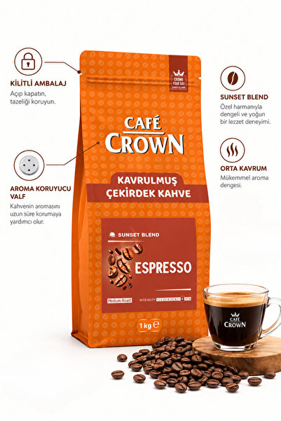 Cafe Crown Çekirdek Kahve 1kg (Medium Roast, Sunset Blend,Espresso)