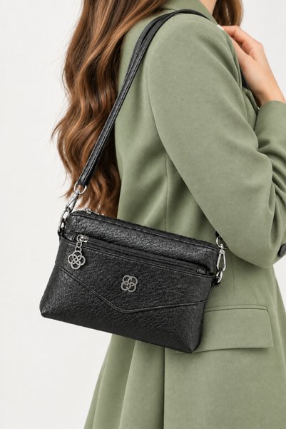 sannora bags Geantă neagră de umăr și clutch pentru femei, cu 4 compartimente...