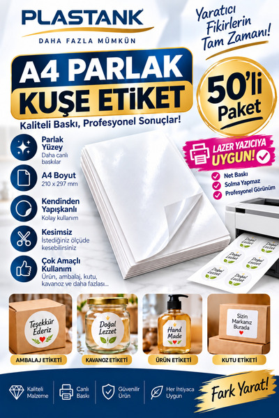 PLASTANKA A4 Parlak Kuşe Kendinden Yapışkanlı Etiket Kağıdı 50’li Paket