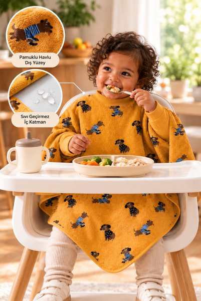 Reyo 6 Months-6 Years Long Sleeve Baby Feeding Bib, Children's Activity Bib, Cotton, Liquid-Proof Inner Layer Towel Baby Feeding Bib - Dog
