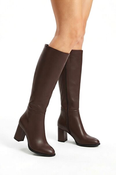 Zerenyus Morena Premium Vegan Leather Bitter Brown Long Zipper Boots 7 cm