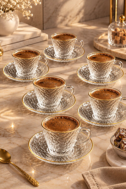 YzHome Glass Hammer Series Frosted Glass Gilt Coffee Cup Set for 6 Persons 90ml
