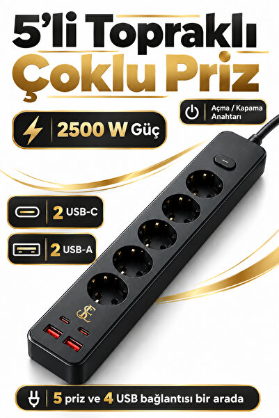 EN SİGA Pro Topraklı 5'li Çoklu Priz 2 USB-C 2 USB-A Çıkışlı 2500W Anahtarlı ...