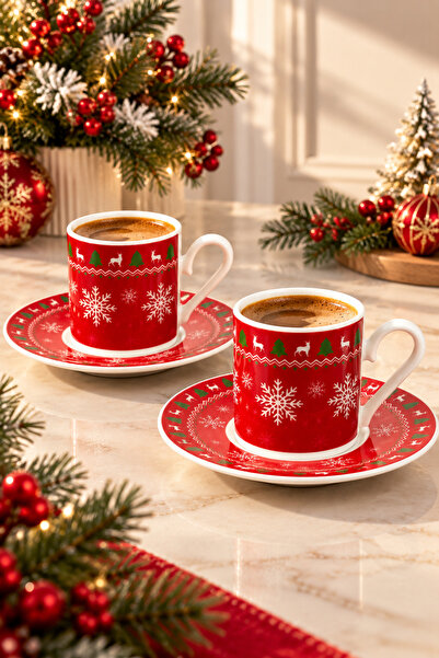 YzHome 2-Person Porcelain Christmas Patterned Coffee Cup Set Gift 90ml