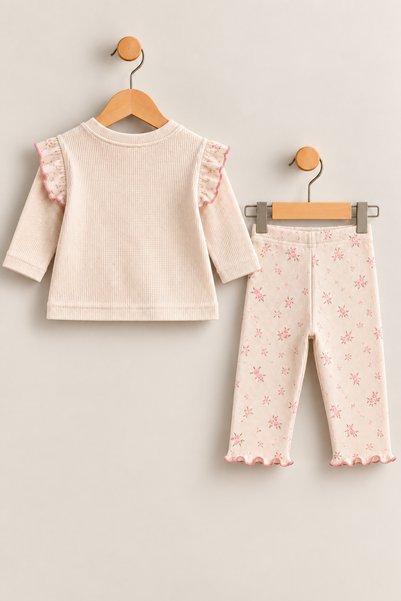 Tinymuyt Children/Baby Top and Bottom Waffle Combed Cotton Ruffle Sleeve Floral Patterned 2-Piece Set Powder
