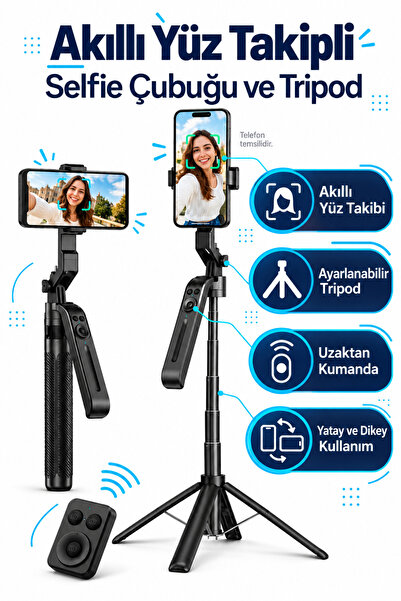 EN SİGA Yüz Oto Takip Sistemli Çok Amaçlı Bluetooth Kumandalı Akıllı Tripod + Selfie Çubuğu 180cm