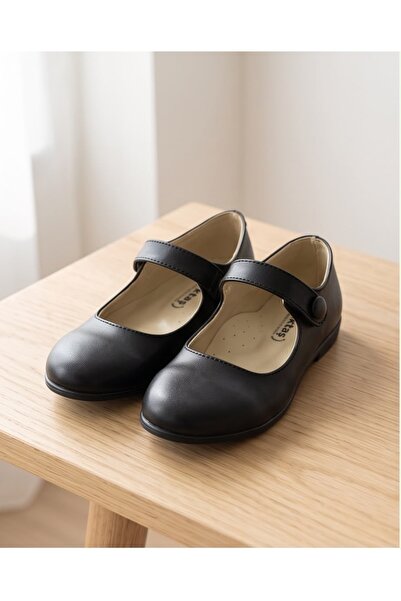 AKTAŞ ORTOPEDİ Girl's Buttoned Black Matte Orthopedic Ballerina Shoes