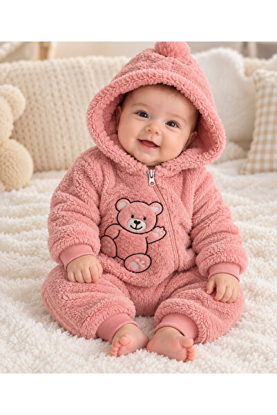 Genel Markalar Kız Bebek Kapüşonlu Ayıcık Nakışlı Peluş Polar Tulum