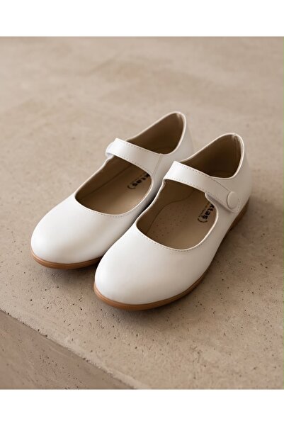 AKTAŞ ORTOPEDİ Girl's Buttoned White Matte Orthopedic Ballerina Shoes