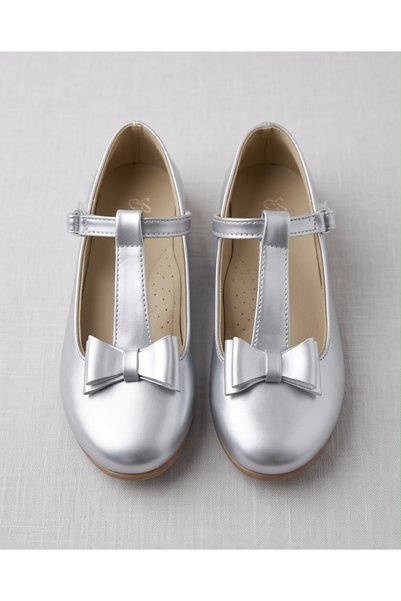 AKTAŞ ORTOPEDİ Girl's Poled Bottom Bowtie Bow Tie Silver Patent Leather Orthopedic Ballerina Shoes