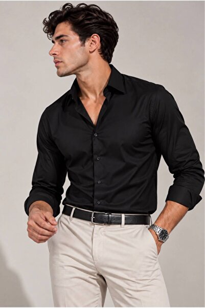 sepetx Erkek Premium Pamuk Saten Slim Fit Siyah Gömlek | Modern ve Şık Tasarım