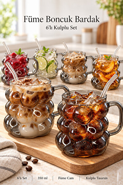 Madamev 6-Piece Smoked Handle Grape Grain Bead Shaped Glass Cup 350ml Heat Re...