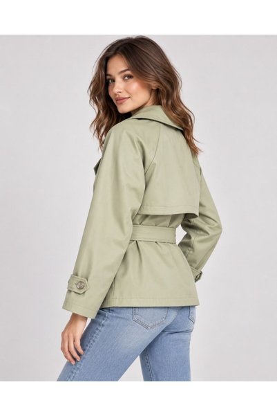 VESS MODA Women's Belted and Draped Double-Breasted Collared Short Trench Coat