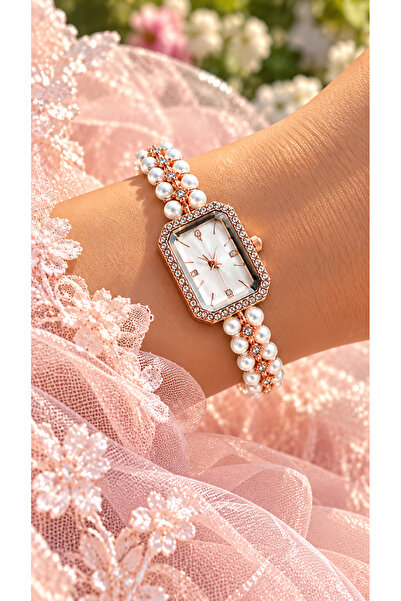 Bonicce Brand Retro Rose Color Pearl Cord, White Dial, Rectangular Cornered C...