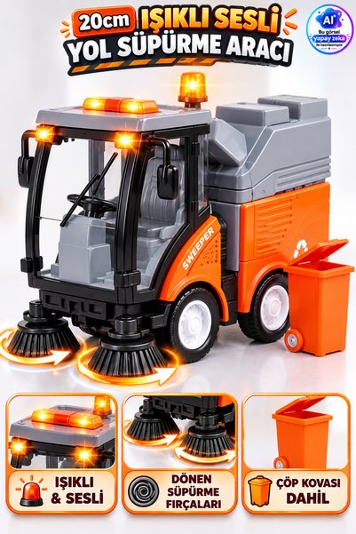 YILDIRIM OYUNCAK Işıklı Sesli Yol Süpürme Aracı Oyuncak 20cm | Fırçalı Temizl...