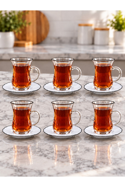 AR HOME طقم شاي زجاجي 12 قطعة - خط أسود