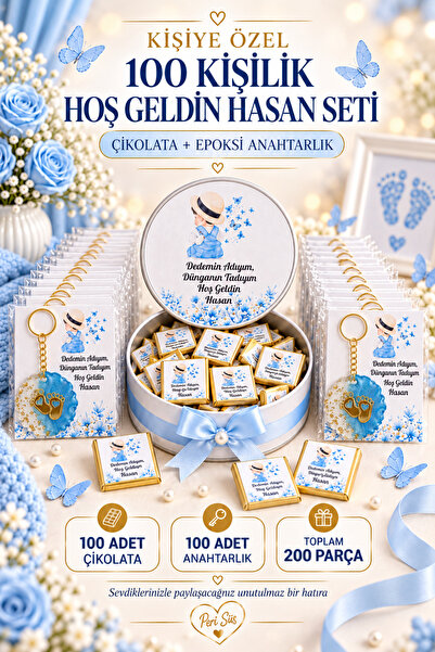 Peri Süs Kişiye Özel Yenidoğan Bebek Mevlüt Hediyelik Seti Erkek Çocuk Şapkal...