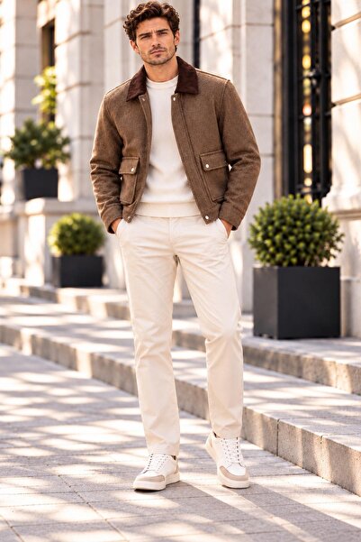 Vesli Men's Brown Premium Cashmere Coat – Contrast Velvet Collar, Zipper and ...