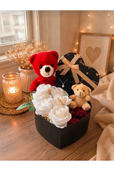 luvelle Sevgiliye Özel Romantik Hediye Seti Kırmızı Peluş Ayı Kar Küresi Pasl...