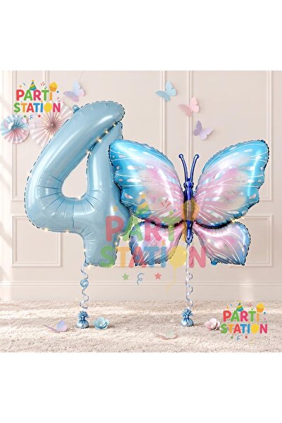 Parti Station Pink Blue Butterfly and Blue Number Balloon 4 Years Old Balloon...