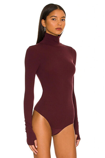 Kadın Bordo Balıkçı Yaka Uzun Kollu Parmak Geçmeli İpek Jarse Tanga Çıtçıtlı Toparlayıcı Bodysuit