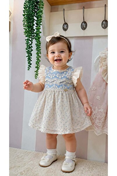 sunshine boutique15 فستان مواليد دانتيل سماوي - سنتين الطول 46 سم