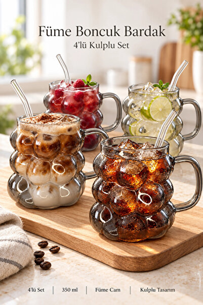 Madamev 4-Piece Smoked Handle Grape Grain Bead Shaped Glass Cup 350ml Heat Re...