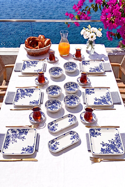 ers erbaşlar Royal Blue Antik 20 Parça 6 Kişilik Kare Kahvaltı Takımı, Lüx Ka...