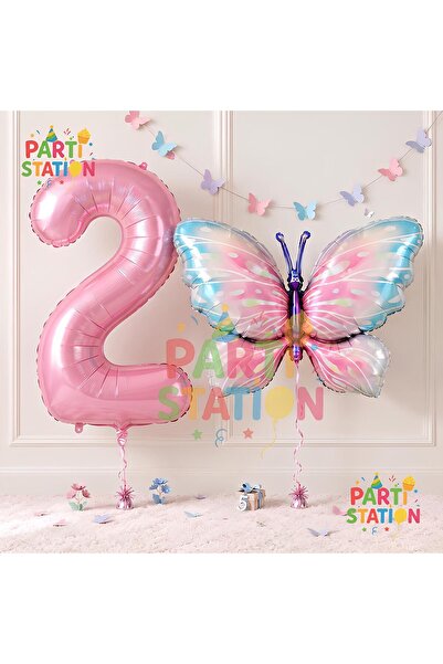 Parti Station Pink Butterfly and Pink Number Balloon 2 Years Old Balloon Set ...