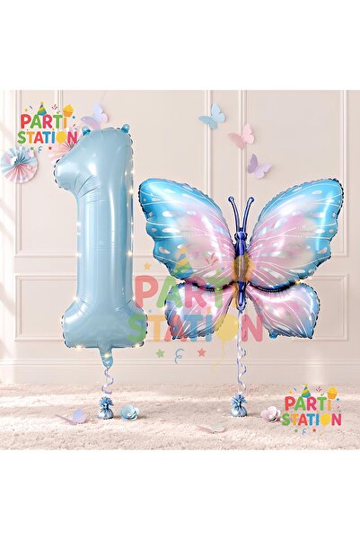 Parti Station Pink Blue Butterfly and Blue Number Balloon 1 Year Old Balloon ...
