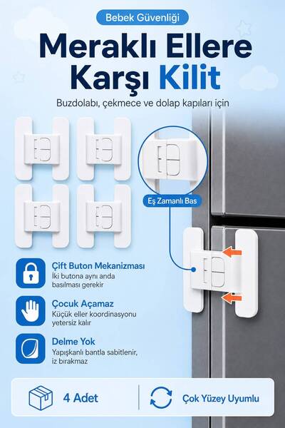Evgereçlerim 4 Adet Çift Butonlu Buzdolabı Dolap Kapağı Çocuk Güvenlik Kilidi...