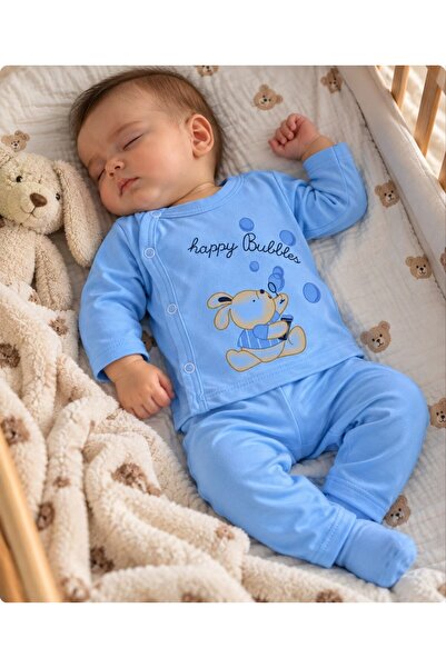 ELBEBEK Erkek Bebek Uzun Kollu Mavi Çıtçıtlı 2'li Takım