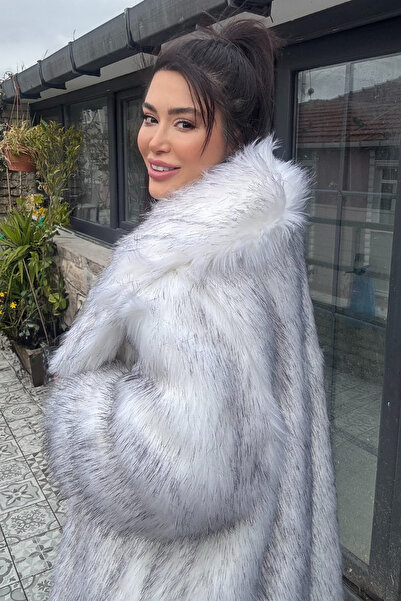 Açelya Okcu Premium İngiliz Yaka Mob Wife Suni Kürk Maxi Kadın Kaban