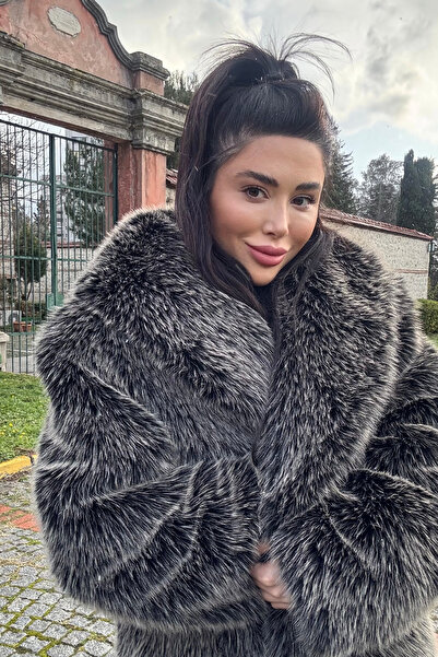 Açelya Okcu Premium Şal Yaka Mob Wife Suni Kürk Maxi Kadın Kaban